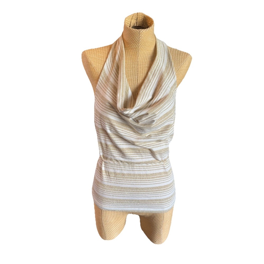 What's‎ Hot Vintage Y2K 90's White Gold Striped Halter Top Large Made USA Club